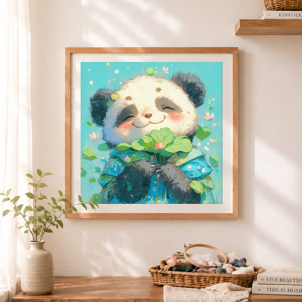 Finished lotus panda cross stitch artwork displayed as home decor