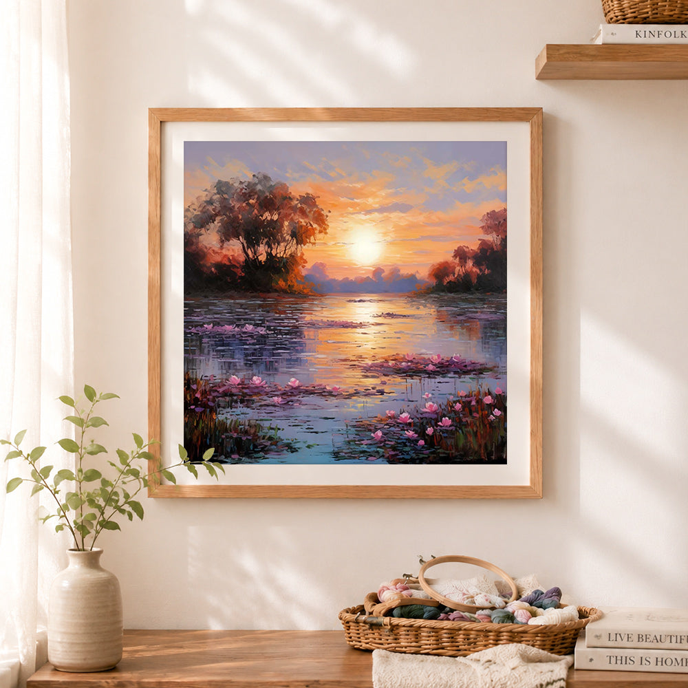 Finished lotus pond at sunset cross stitch artwork displayed as home decor