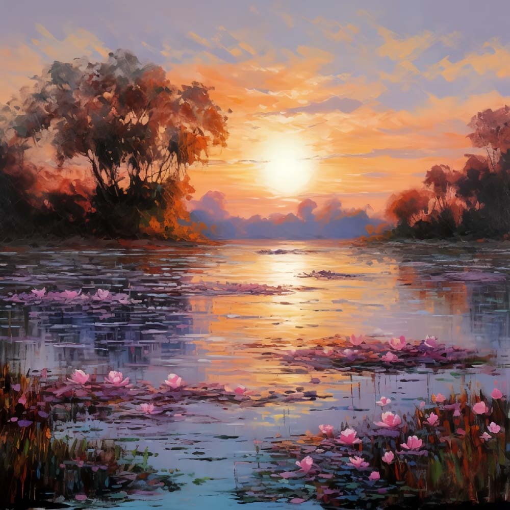Lotus pond at sunset cross stitch kit for beginners