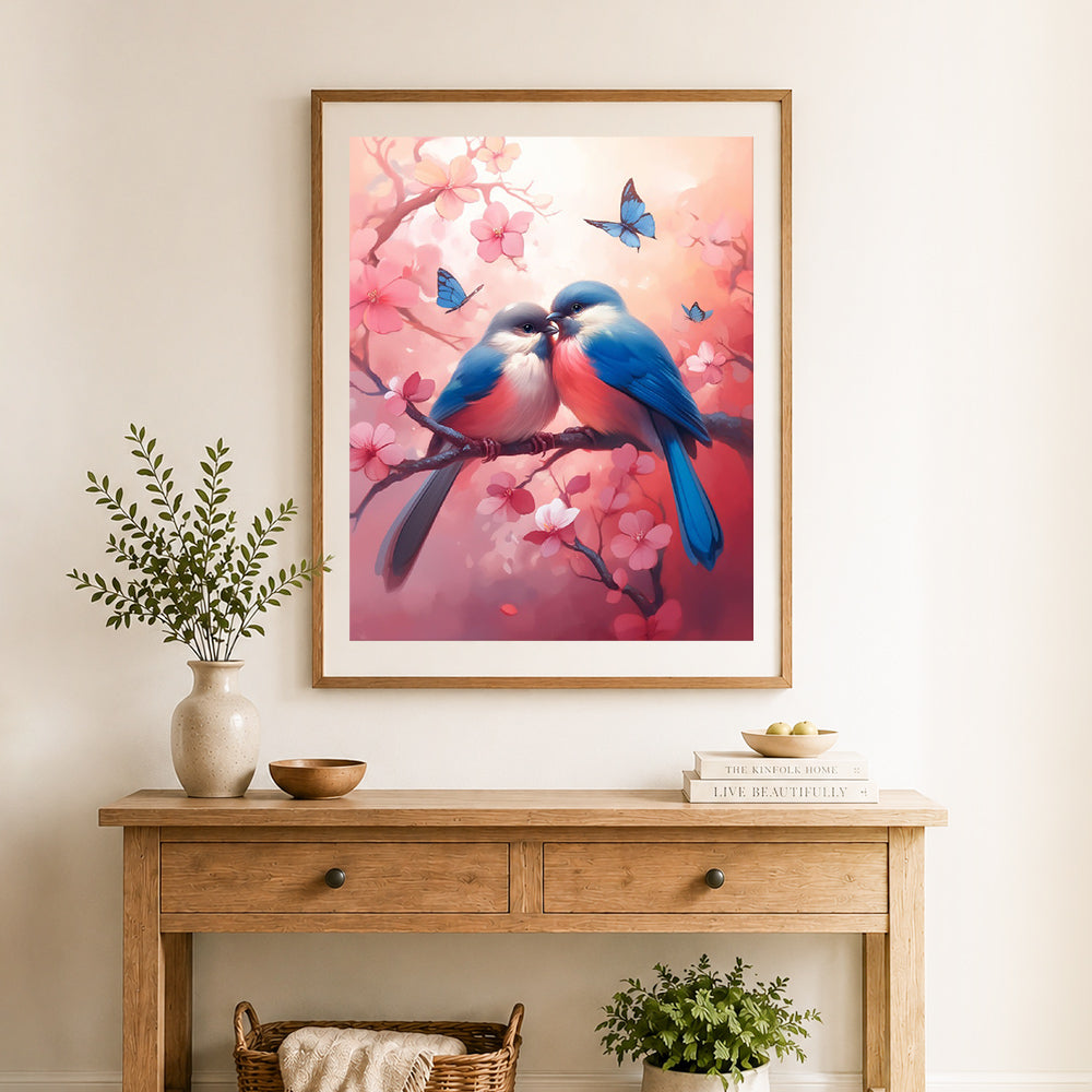 Finished love birds on cherry blossom cross stitch artwork displayed as home decor