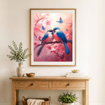 Finished love birds on cherry blossom cross stitch artwork displayed as home decor