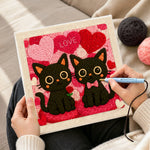 Creating handmade "LOVE" black cat couple with rose punch needle artwork