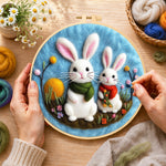 Creating the lovely bunny pair with scarves wool painting by hand with a felting needle