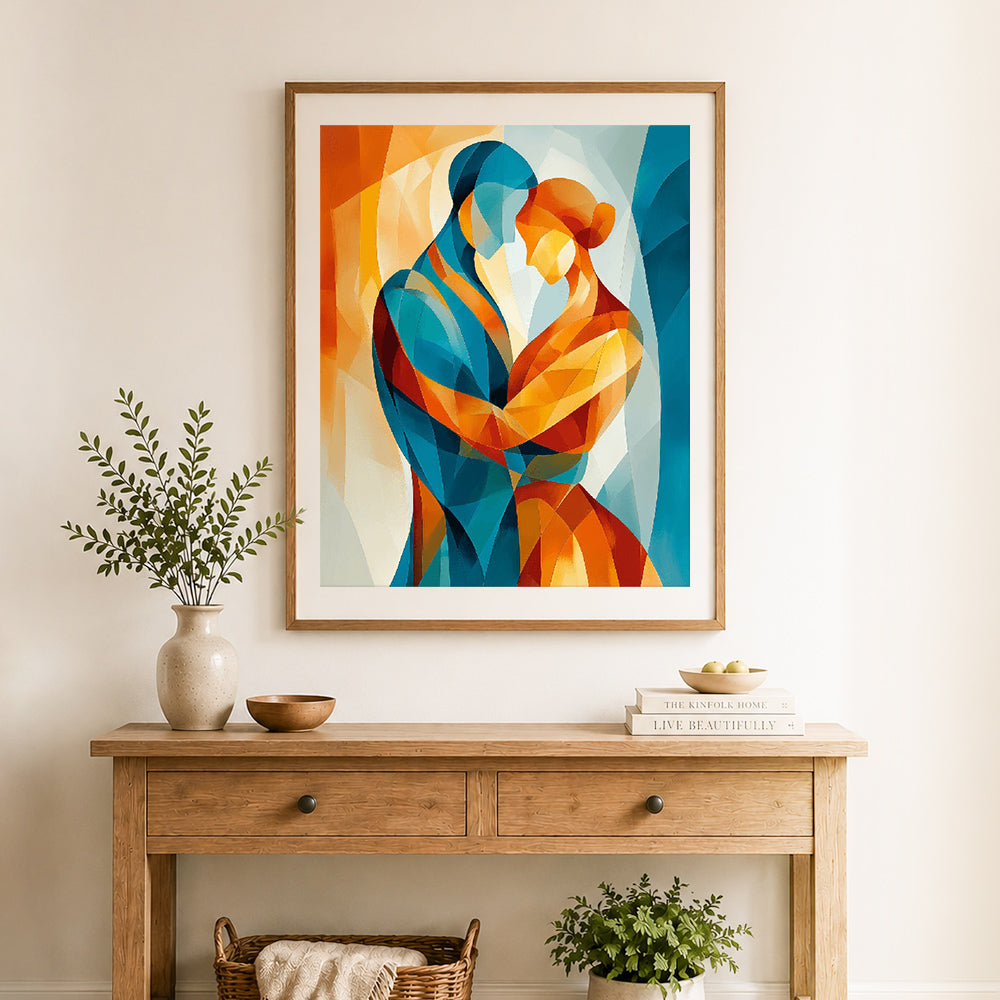 Finished lovers warm embrace cross stitch artwork displayed as home decor