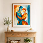 Finished lovers warm embrace cross stitch artwork displayed as home decor