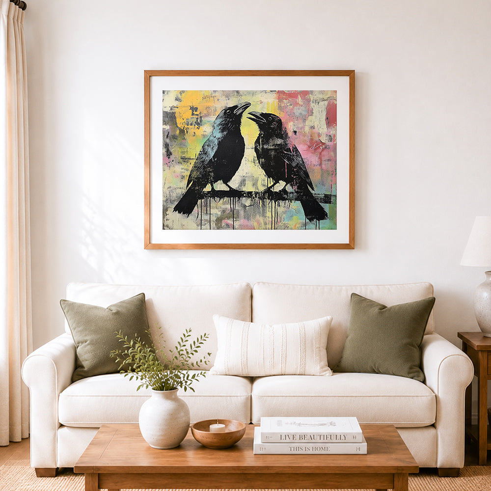 Finished loving crows on branch cross stitch artwork displayed as home decor