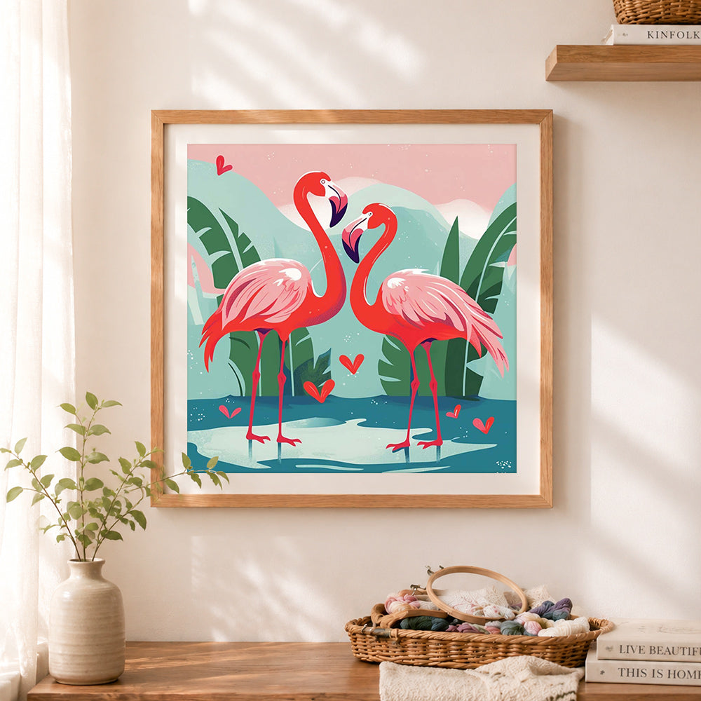 Finished loving flamingo pair cross stitch artwork displayed as home decor