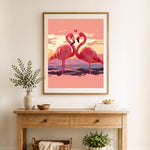 Finished loving flamingos cross stitch artwork displayed as home decor
