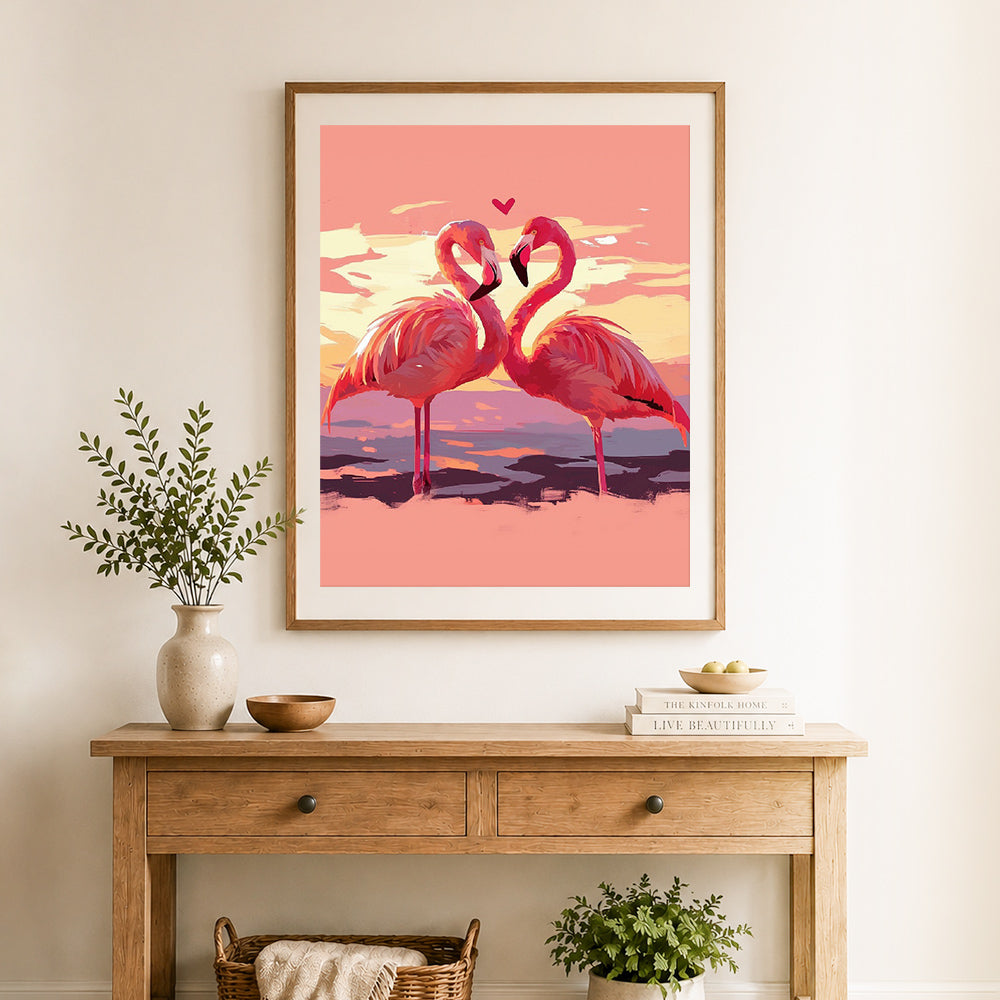 Finished loving flamingos cross stitch artwork displayed as home decor