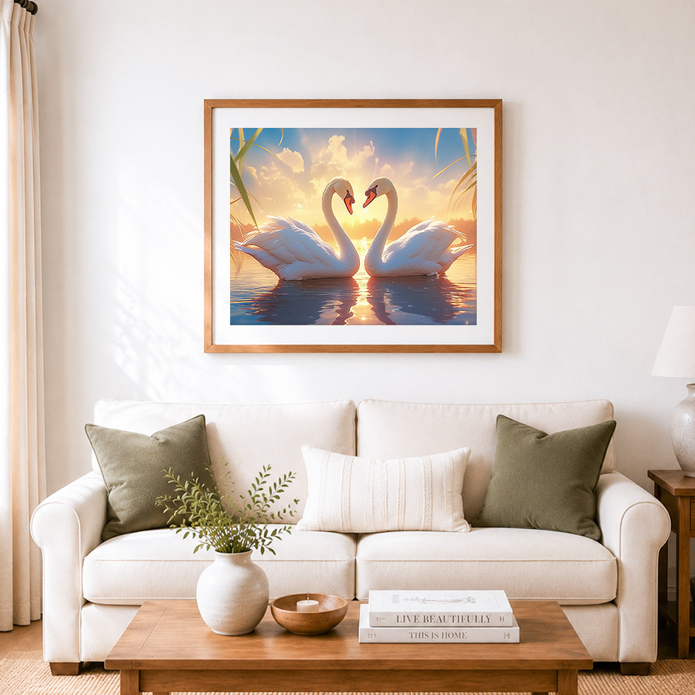 Finished loving swans at sunset cross stitch artwork displayed as home decor