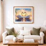 Finished loving swans at sunset cross stitch artwork displayed as home decor