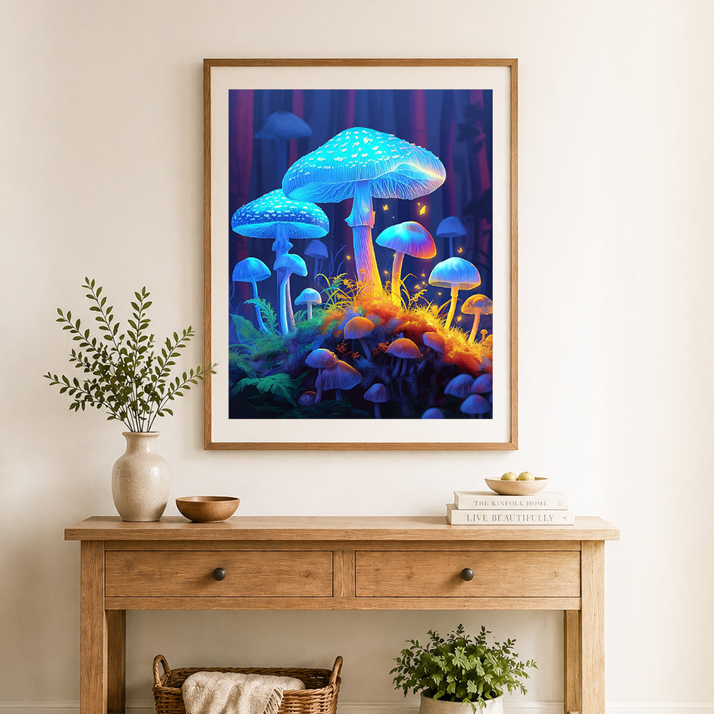 Finished luminous magic mushrooms cross stitch artwork displayed as home decor