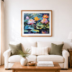 Finished luminous water lotus pond cross stitch artwork displayed as home decor