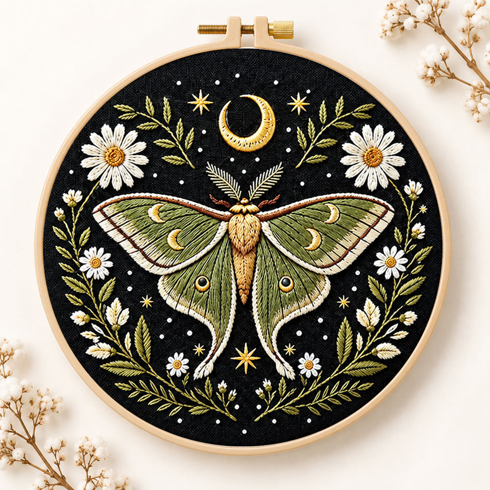 Luna moth and crescent moon embroidery kit