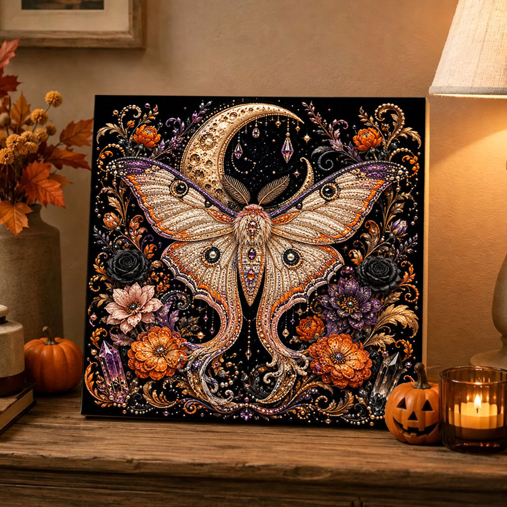 Finished luna moth and crescent moon pearl diamond painting artwork displayed as holiday home decor