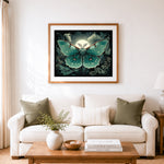 Finished luna moth glowing at moonlight cross stitch artwork displayed as home decor