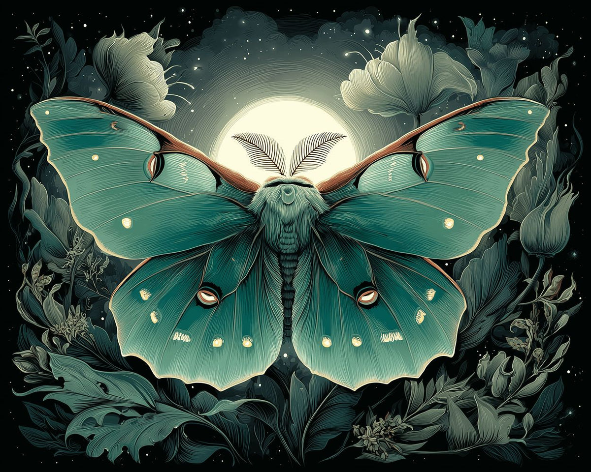 Luna moth glowing at moonlight cross stitch kit for beginners