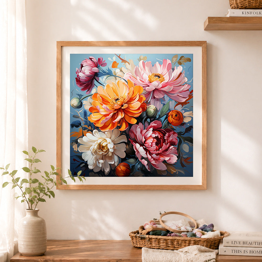 Finished lush and colorful peonies cross stitch artwork displayed as home decor
