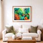 Finished lush colorful jungle scenery cross stitch artwork displayed as home decor
