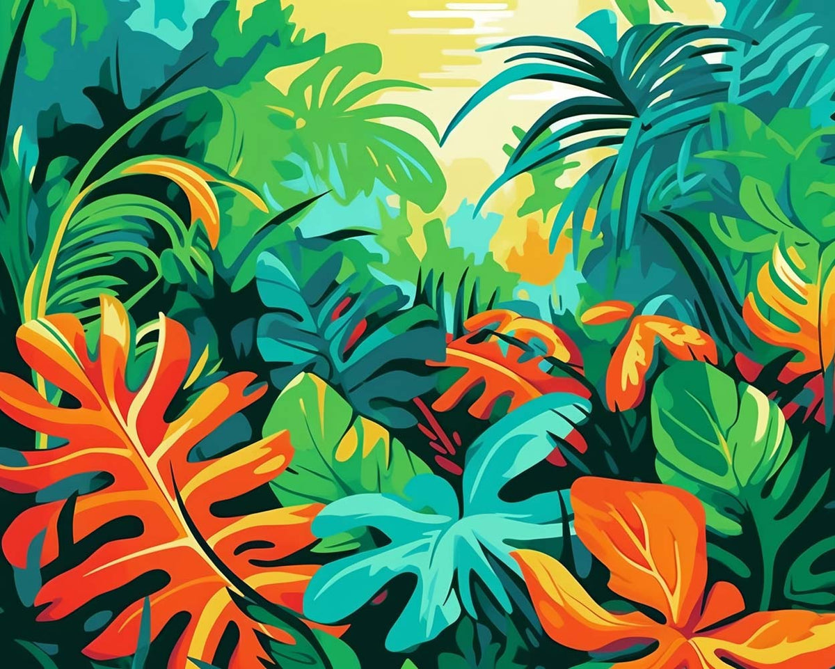 Lush colorful jungle scenery cross stitch kit for beginners
