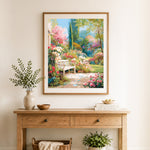 Finished lush country garden bench cross stitch artwork displayed as home decor