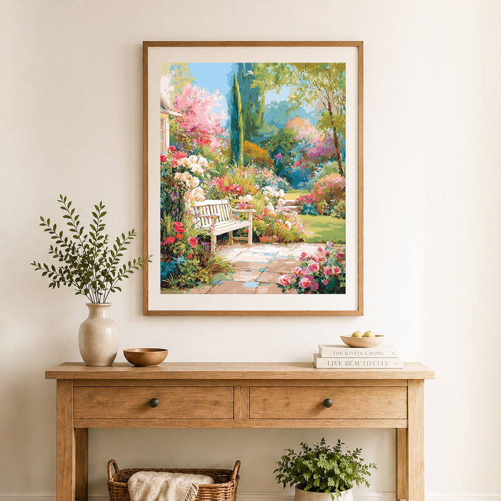 Finished lush country garden bench cross stitch artwork displayed as home decor