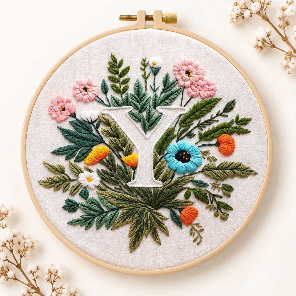 Lush greenery and letter y embroidery kit
