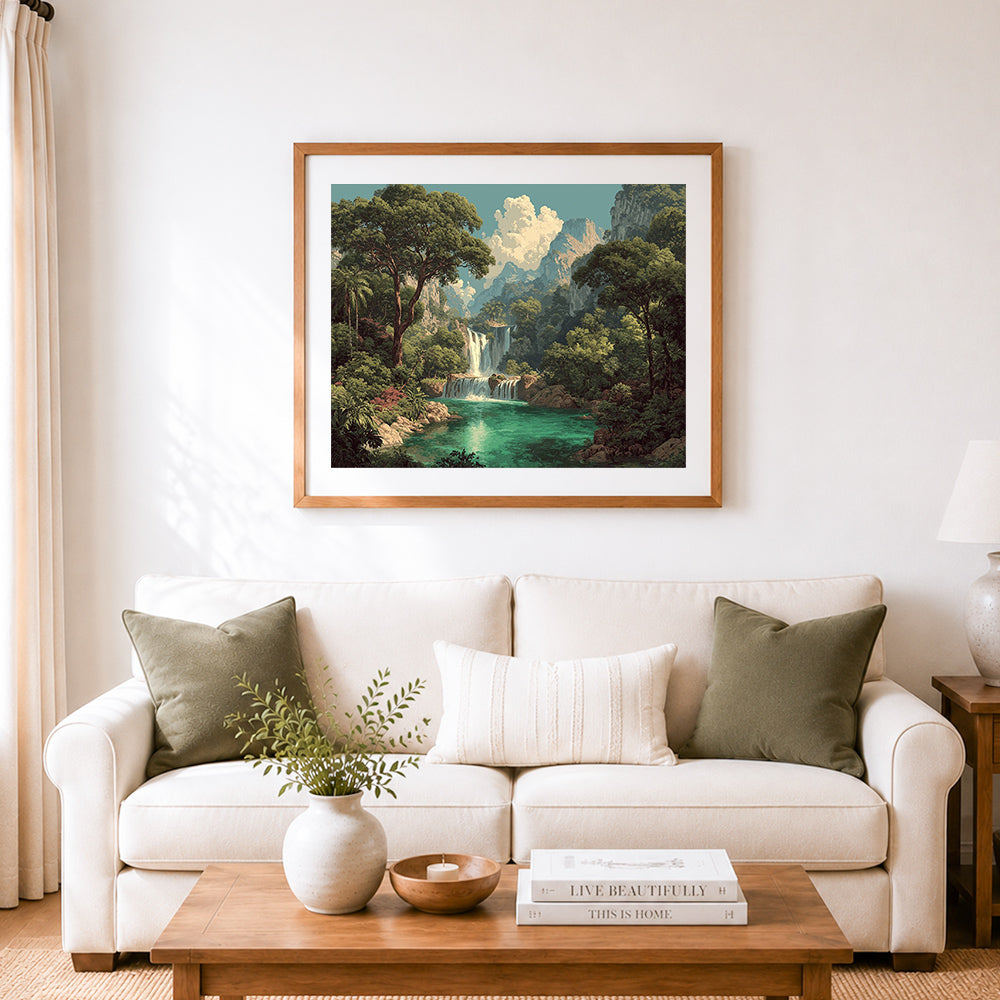 Finished lush jungle waterfall scenery cross stitch artwork displayed as home decor