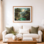 Finished lush jungle waterfall scenery cross stitch artwork displayed as home decor