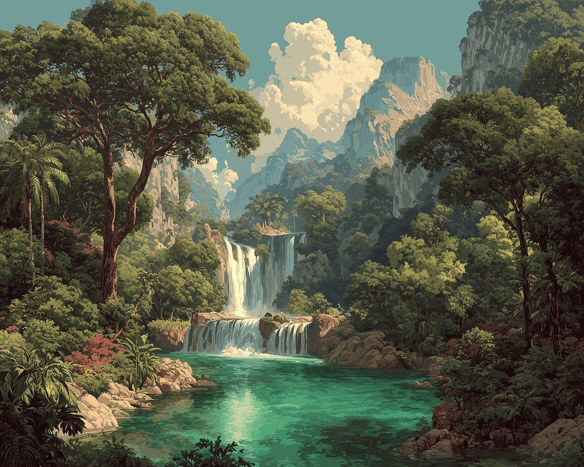Lush jungle waterfall scenery cross stitch kit for beginners