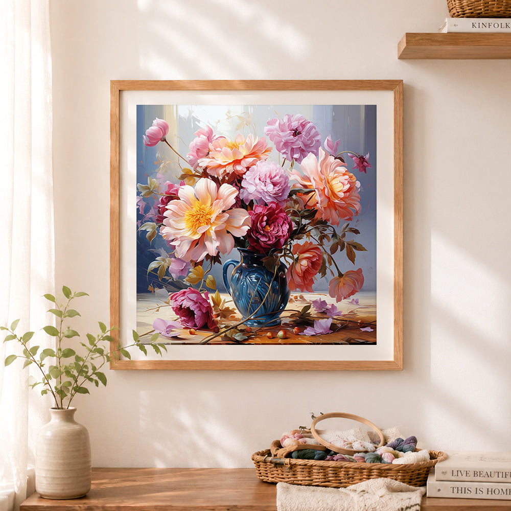 Finished lush peonies in glossy blue vase cross stitch artwork displayed as home decor