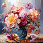 Lush peonies in glossy blue vase cross stitch kit for beginners