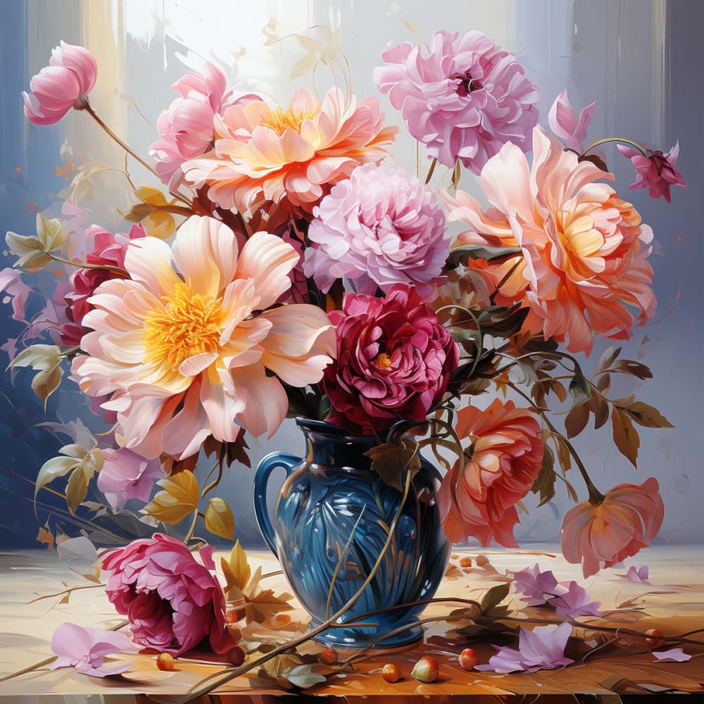 Lush peonies in glossy blue vase cross stitch kit for beginners