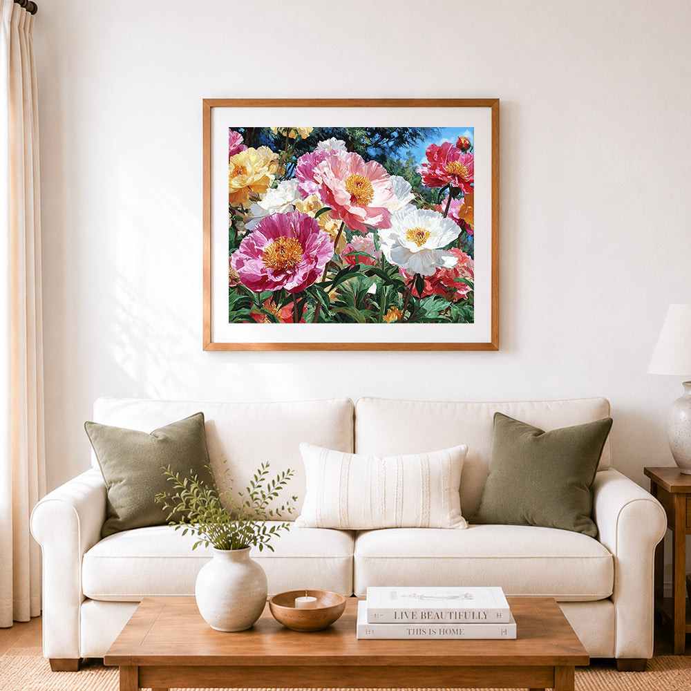 Finished lush peony oil painting florals cross stitch artwork displayed as home decor