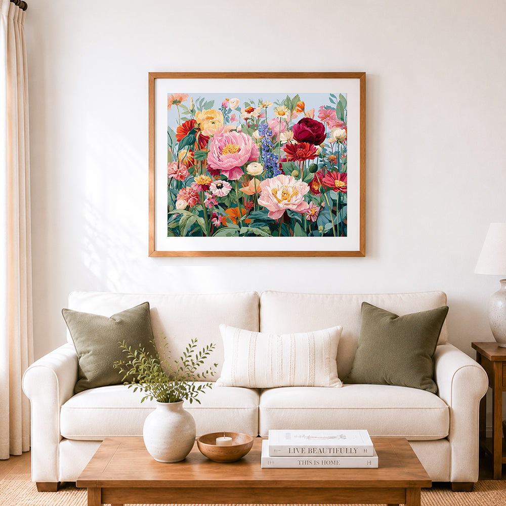 Finished lush spring peony meadow cross stitch artwork displayed as home decor