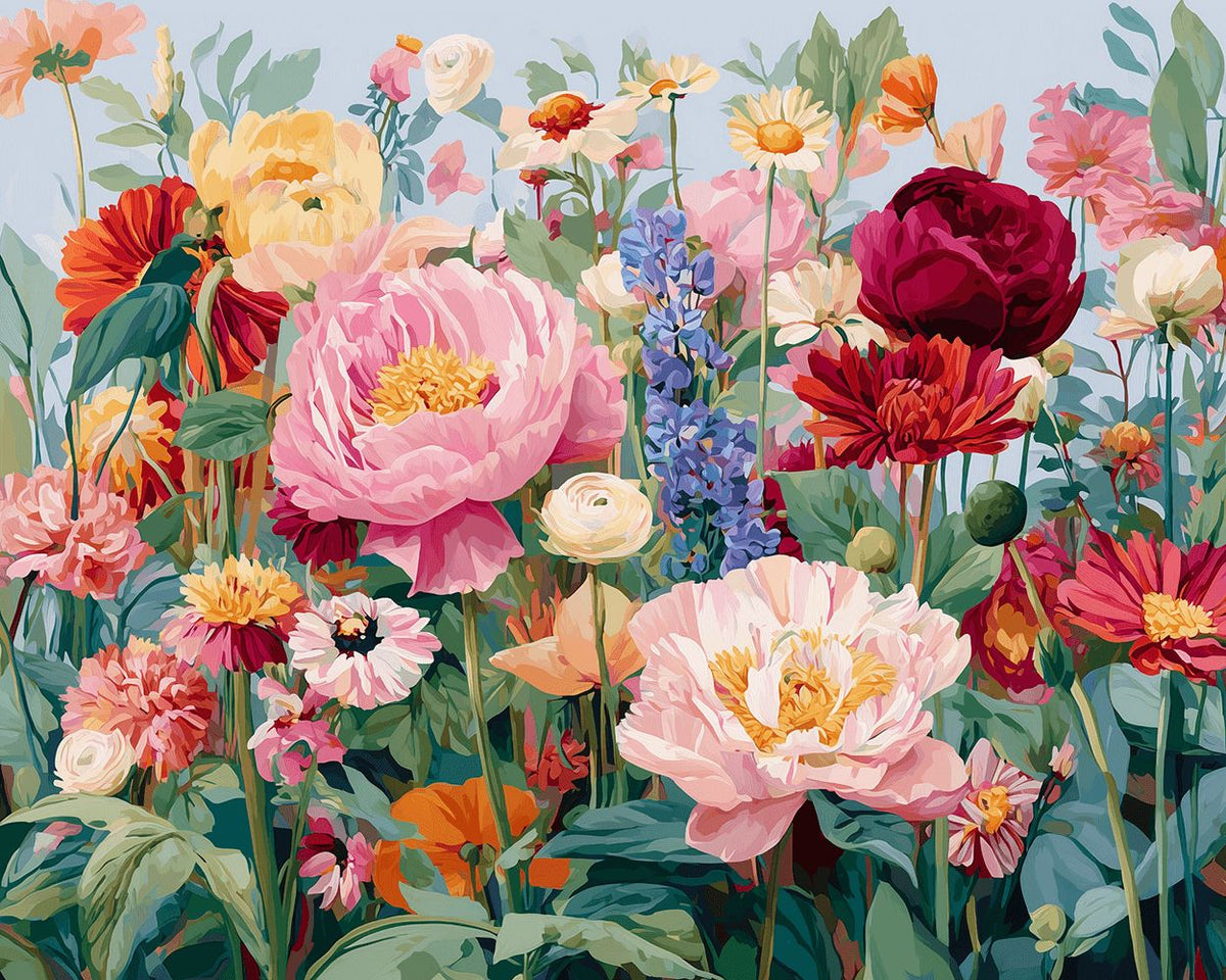 Lush spring peony meadow cross stitch kit for beginners