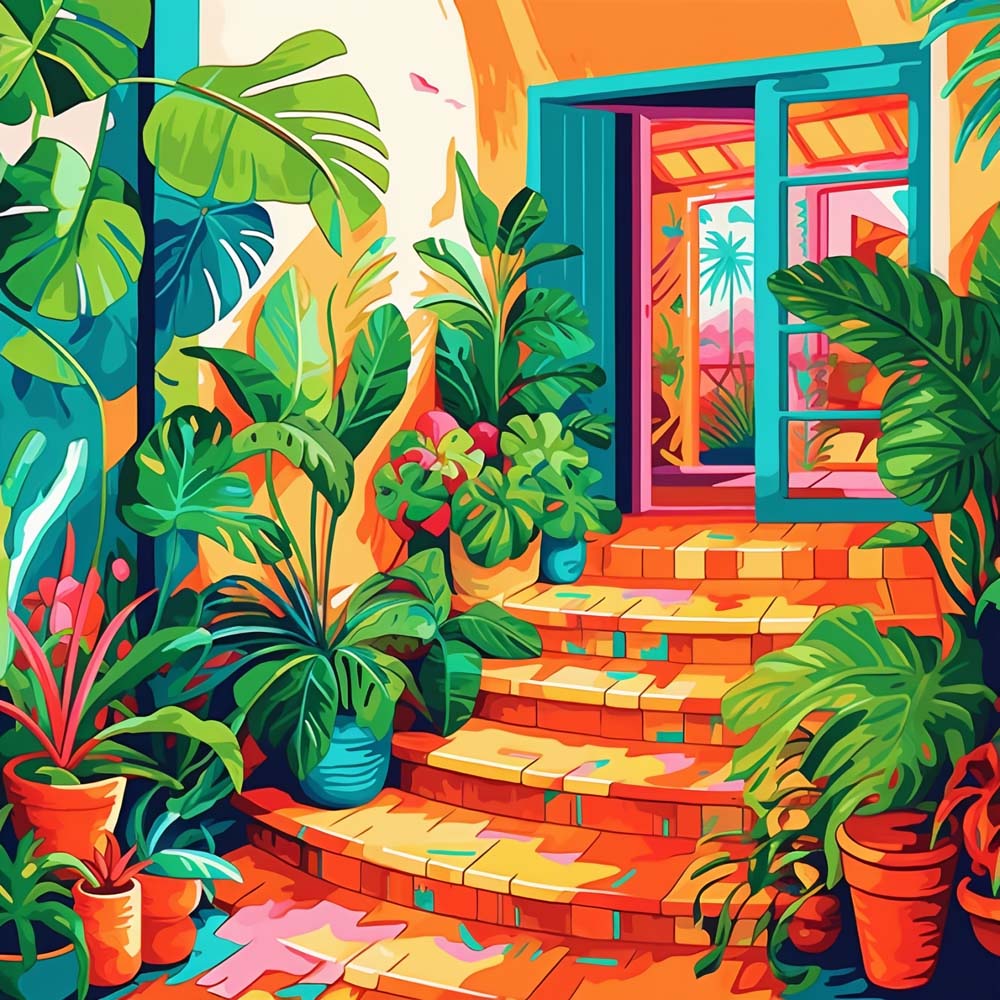 Lush tropical home entry cross stitch kit for beginners