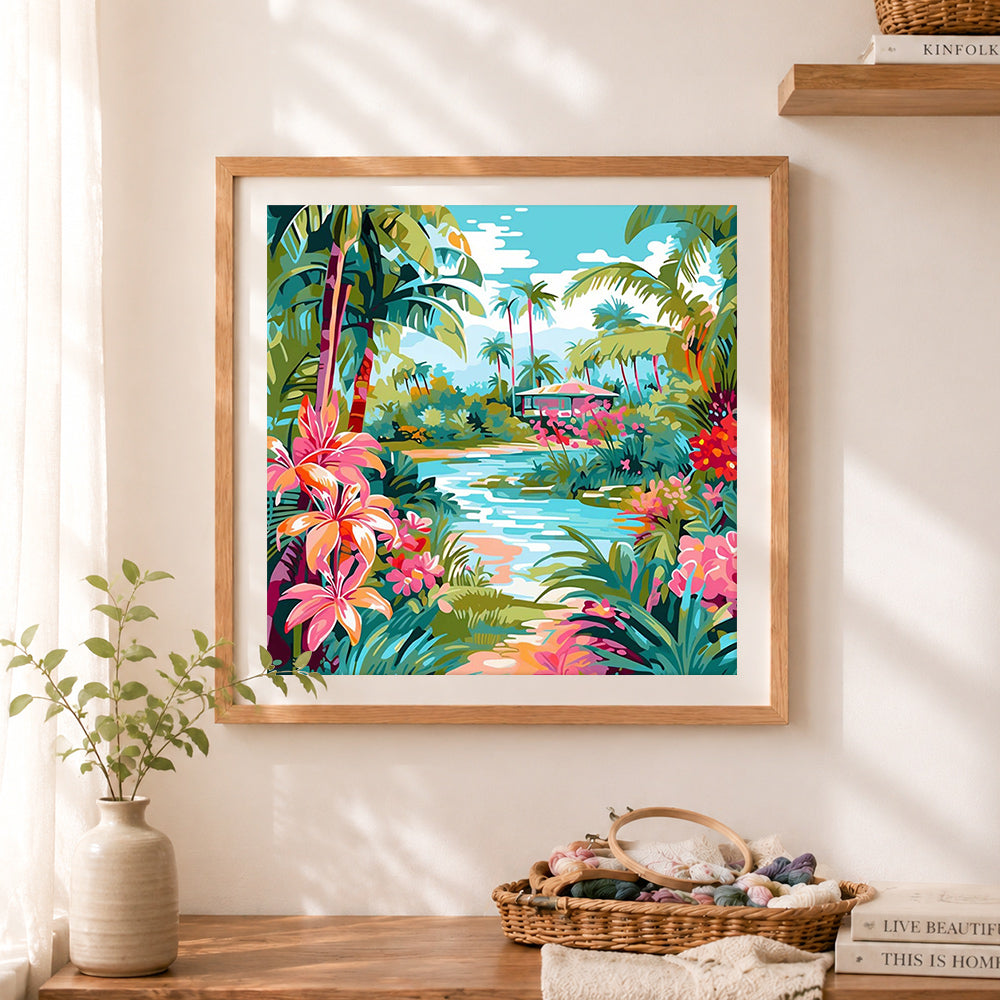 Finished lush tropical jungle with stream cross stitch artwork displayed as home decor