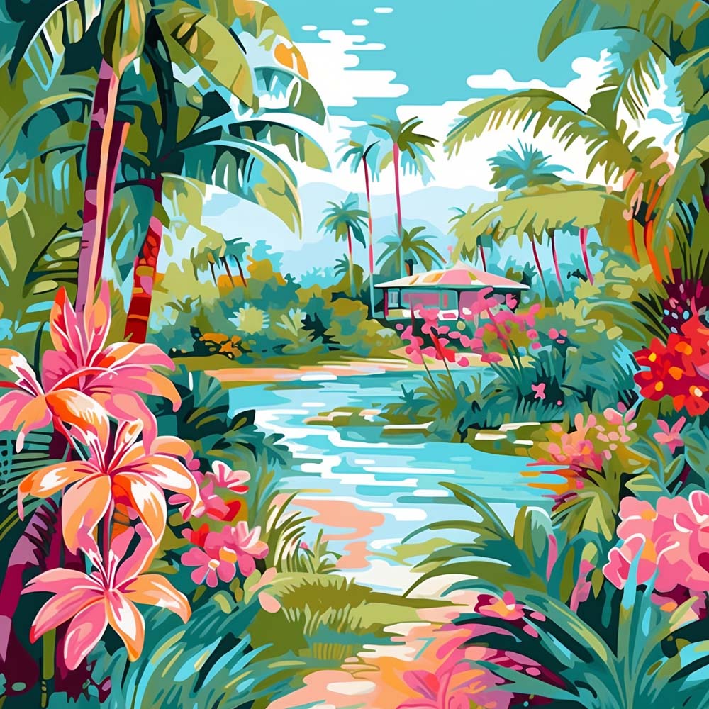 Lush tropical jungle with stream cross stitch kit for beginners