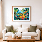 Finished lush vibrant tropical foliage cross stitch artwork displayed as home decor