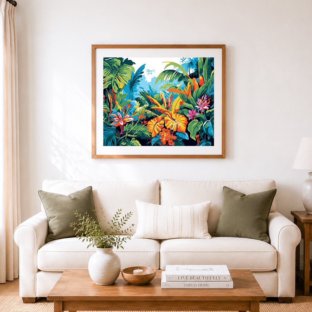 Finished lush vibrant tropical foliage cross stitch artwork displayed as home decor