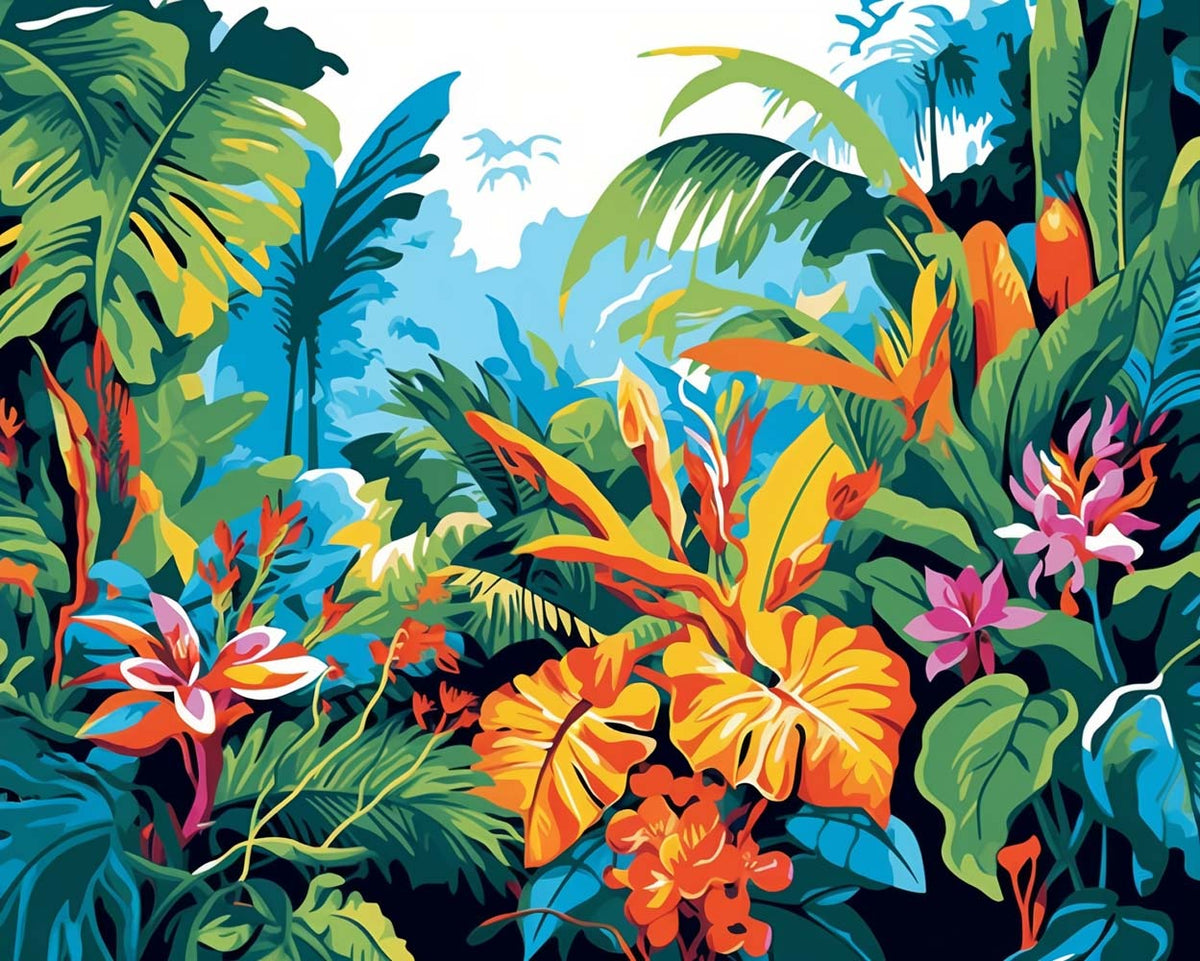 Lush vibrant tropical foliage cross stitch kit for beginners