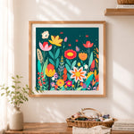 Finished lush wild floral field cross stitch artwork displayed as home decor