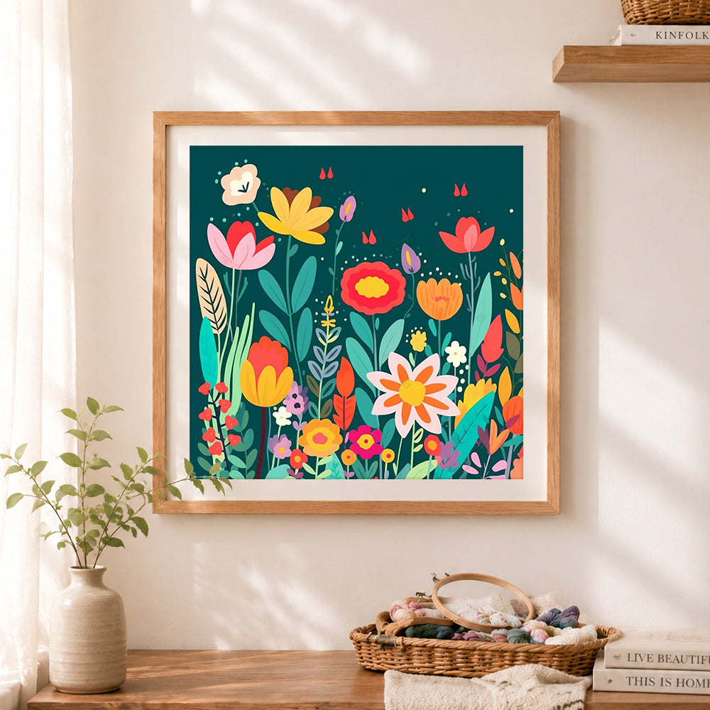Finished lush wild floral field cross stitch artwork displayed as home decor