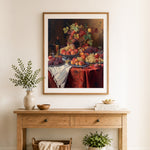 Finished luxurious autumn fruit table cross stitch artwork displayed as home decor
