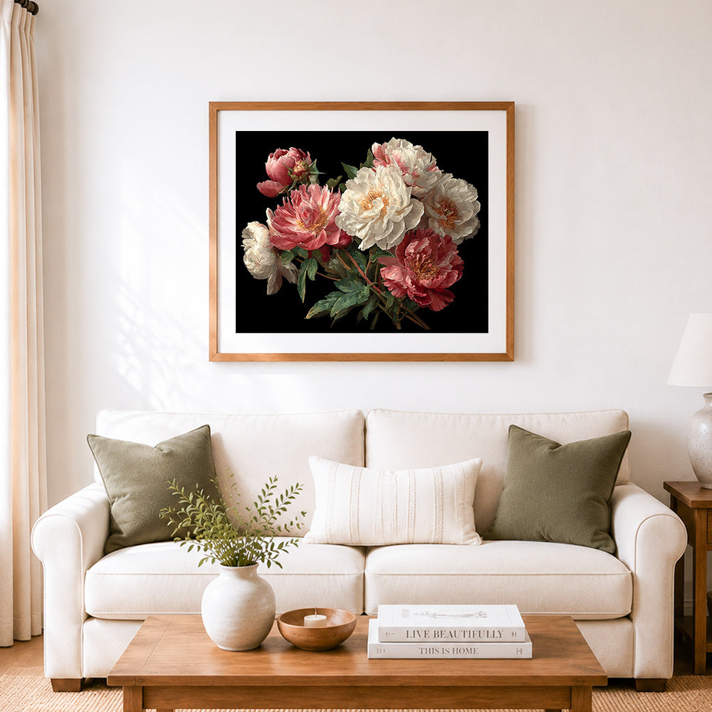 Finished luxurious dark peonies cross stitch artwork displayed as home decor