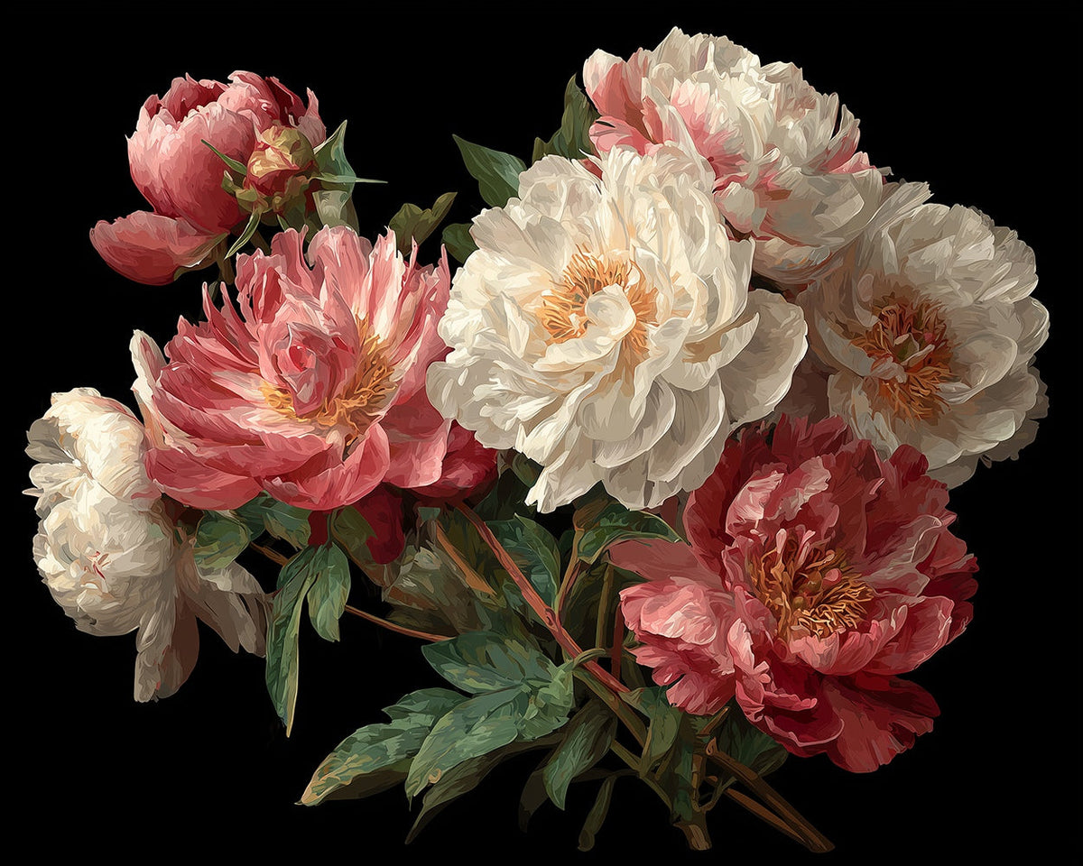 Luxurious dark peonies cross stitch kit for beginners