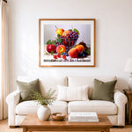 Finished luxurious glass fruit bowl cross stitch artwork displayed as home decor
