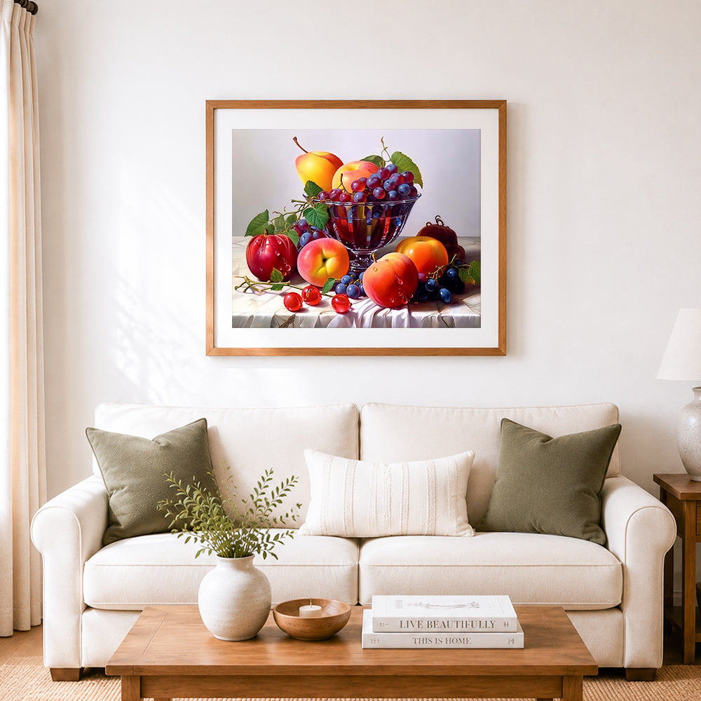 Finished luxurious glass fruit bowl paint by numbers artwork displayed as home decor