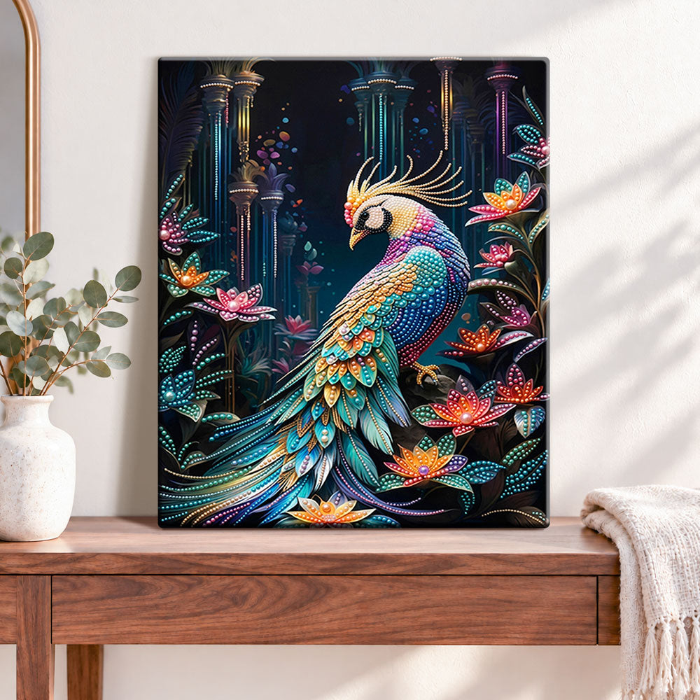 Finished luxurious peacock dream pearl diamond painting artwork displayed as home decor
